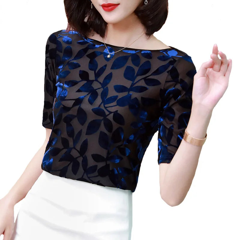 M-3XL Short sleeve Women shirt Fashion Summer Tops New style Slash neck Velvet T shirt