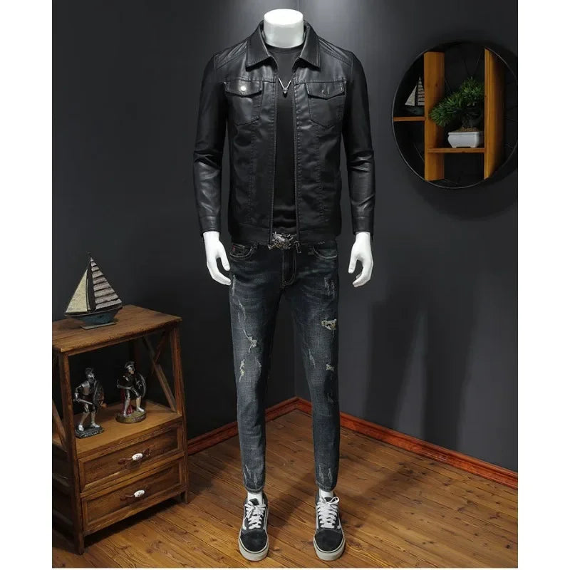 Men's Leather Jacket 2023 New Korean Version Slimming Trend Plush and Thickened Motorcycle Jacket Leather Jackets