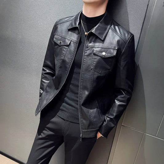 Men's Motorcycle Leather Jacket Large Size Pocket Black Zipper Lapel Slim Fit Male Spring and Autumn High Quality Pu Coat