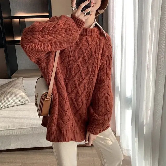 New Autumn and Winter O-Neck Cashmere Sweater Women Loose  Fried Dough Twist  Thick    D142