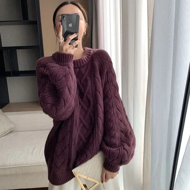 New Autumn and Winter O-Neck Cashmere Sweater Women Loose  Fried Dough Twist  Thick    D142