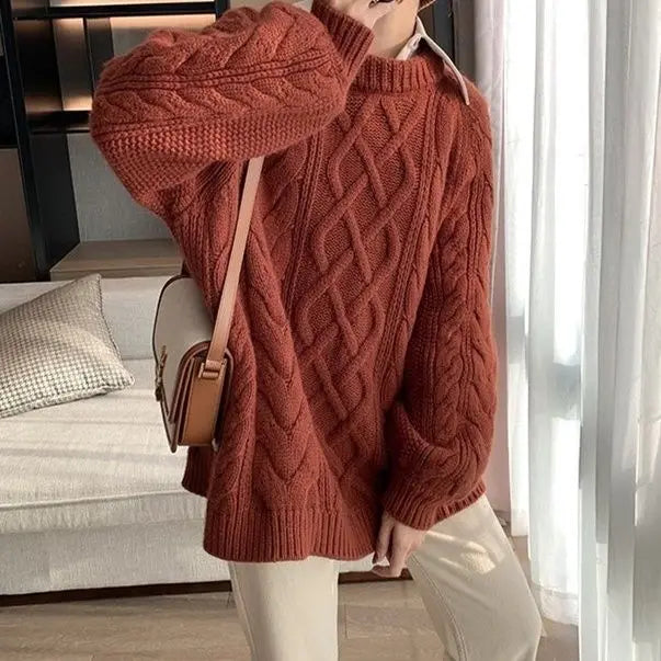 New Autumn and Winter O-Neck Cashmere Sweater Women Loose  Fried Dough Twist  Thick    D142