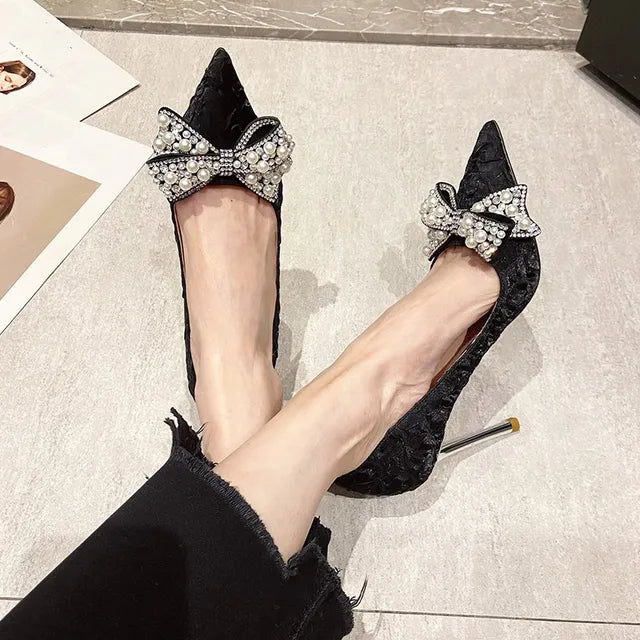 New Pointed Toe Stiletto Pearl Rhinestone Bow Decoration Fashion Ladies Shoes Wedding Banquet Party Sexy Elegant High Heels