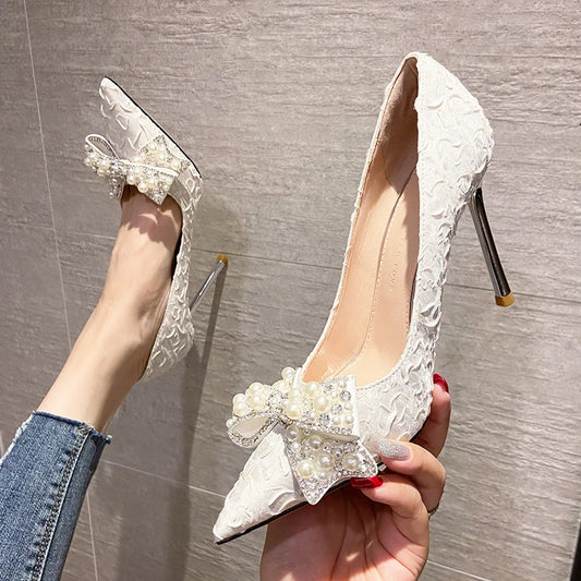 New Pointed Toe Stiletto Pearl Rhinestone Bow Decoration Fashion Ladies Shoes Wedding Banquet Party Sexy Elegant High Heels