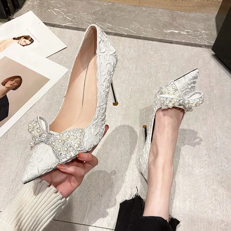 New Pointed Toe Stiletto Pearl Rhinestone Bow Decoration Fashion Ladies Shoes Wedding Banquet Party Sexy Elegant High Heels