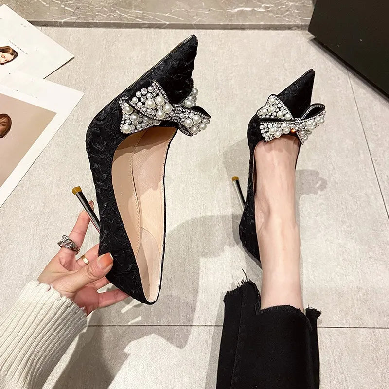 New Pointed Toe Stiletto Pearl Rhinestone Bow Decoration Fashion Ladies Shoes Wedding Banquet Party Sexy Elegant High Heels