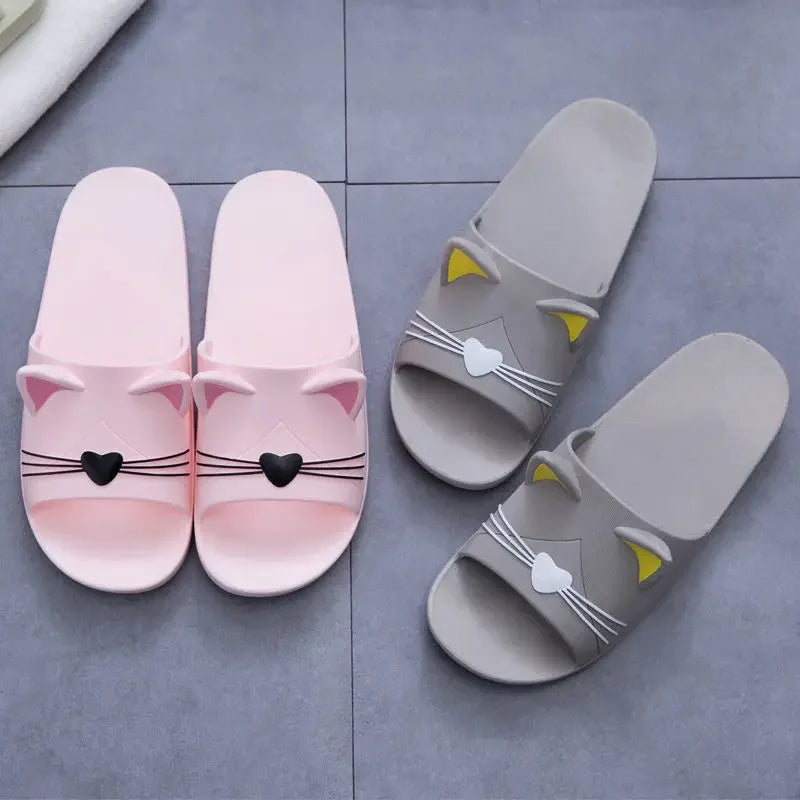 New Summer Slippers Women Home Shoes Sandals Cartoon Cats Flip Flops Men Couple's Soft Sole Bathroom Slippers Zapatillas