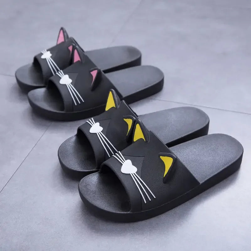 New Summer Slippers Women Home Shoes Sandals Cartoon Cats Flip Flops Men Couple's Soft Sole Bathroom Slippers Zapatillas