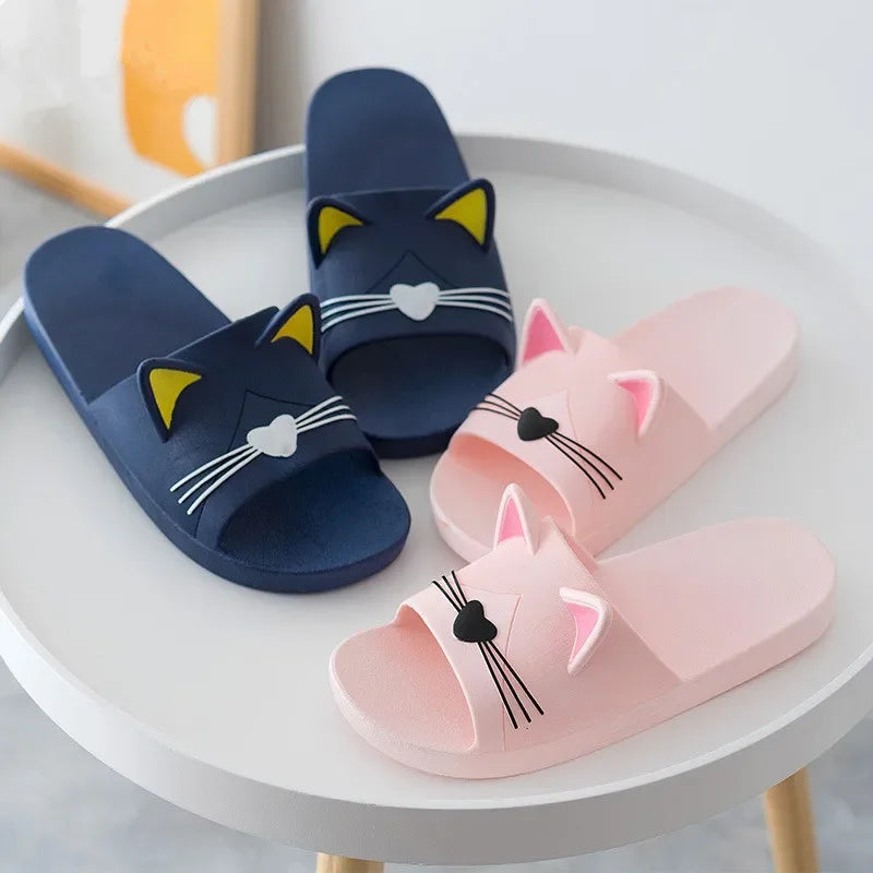 New Summer Slippers Women Home Shoes Sandals Cartoon Cats Flip Flops Men Couple's Soft Sole Bathroom Slippers Zapatillas