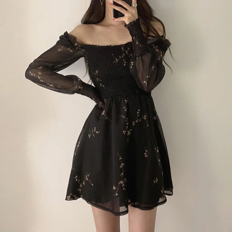 New Summer Womens Sexy Black Dress Vintage Flower Party Dresses Long Puff Sleeve Chiffon Dresses Beach Casual Mini Robe 13676