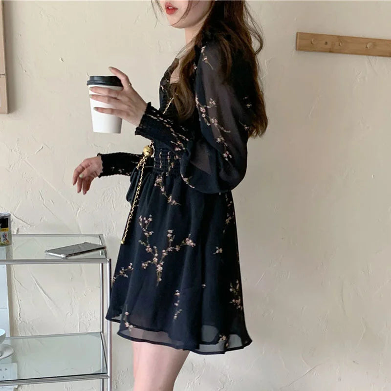 New Summer Womens Sexy Black Dress Vintage Flower Party Dresses Long Puff Sleeve Chiffon Dresses Beach Casual Mini Robe 13676