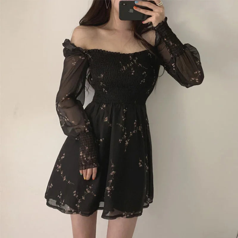 New Summer Womens Sexy Black Dress Vintage Flower Party Dresses Long Puff Sleeve Chiffon Dresses Beach Casual Mini Robe 13676