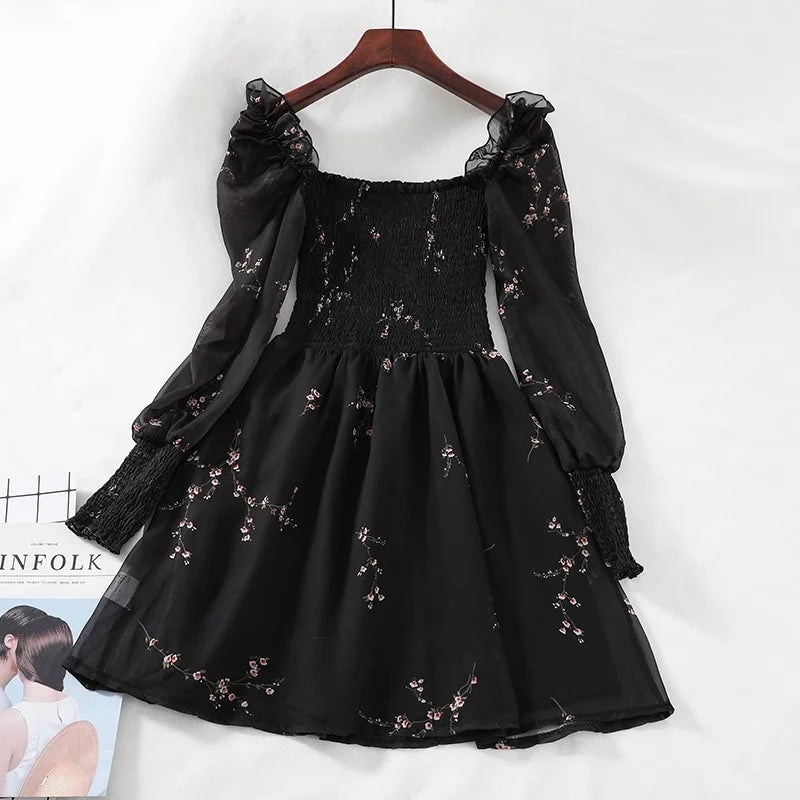 New Summer Womens Sexy Black Dress Vintage Flower Party Dresses Long Puff Sleeve Chiffon Dresses Beach Casual Mini Robe 13676