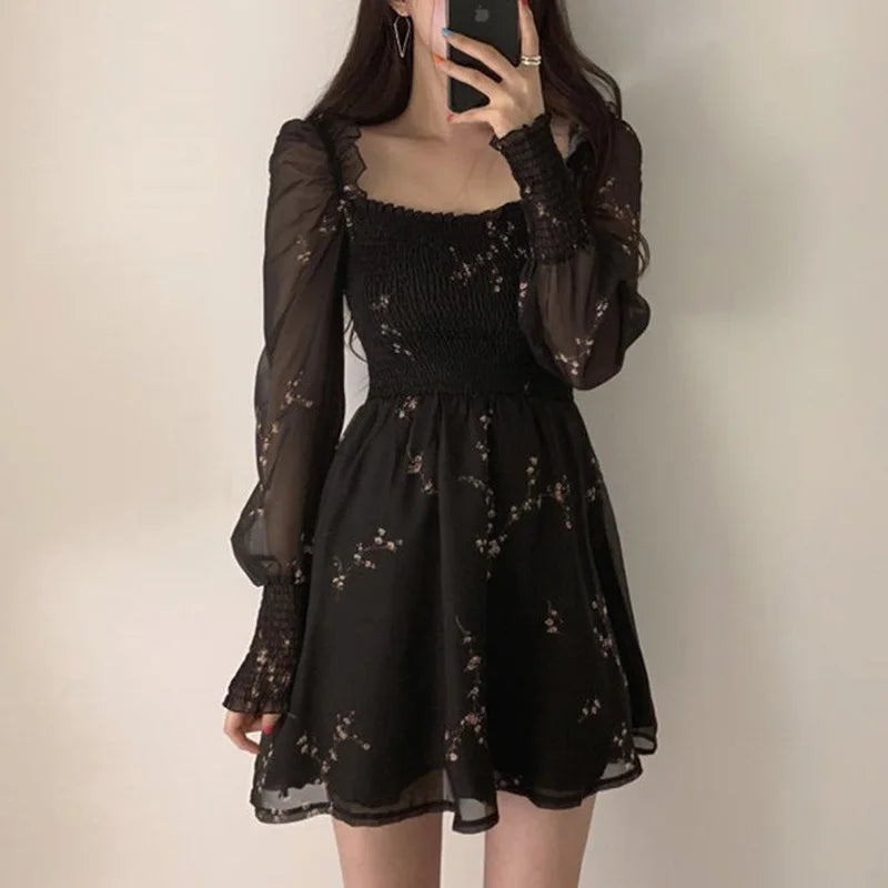 New Summer Womens Sexy Black Dress Vintage Flower Party Dresses Long Puff Sleeve Chiffon Dresses Beach Casual Mini Robe 13676