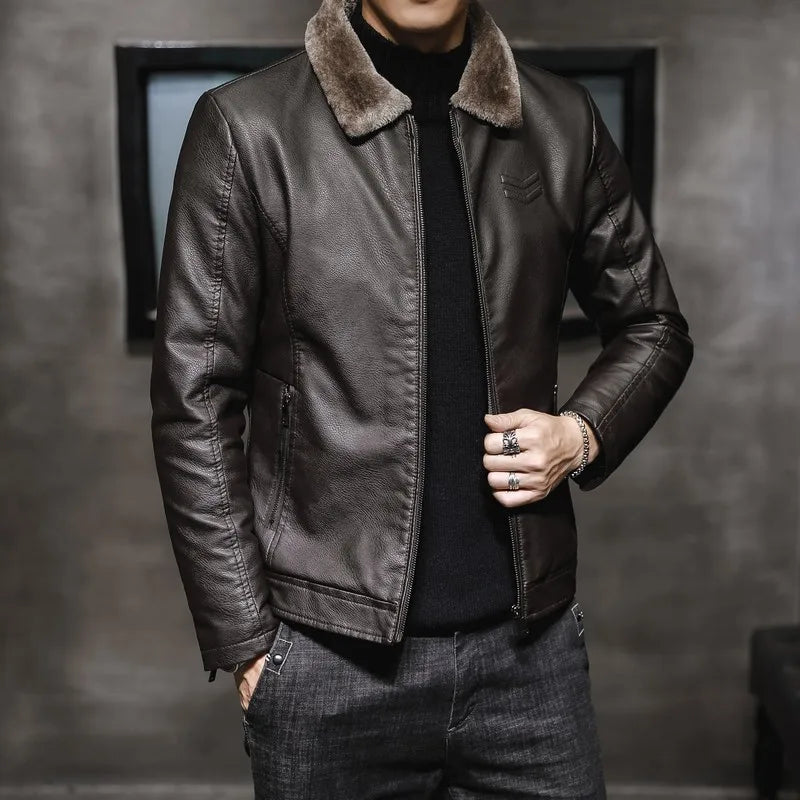 New Thick Brown Leather Jacket Mens Winter Autumn Men's Jacket Fashion Faux Fur Collar Windproof Warm Coat Men Brand Clothing