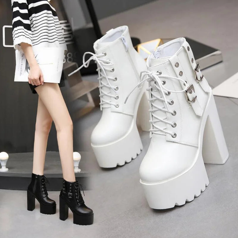 New Women Black White Ankle Boots 14cm Super High Heels Square Heels Boots Zip Rivet Insole Sexy Women Boots