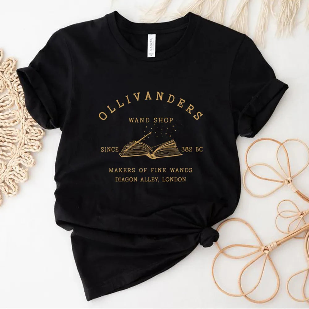 Ollivanders Wand Shop T Shirt Wizard Book Shop Shirt HP Shirts Book Nerd Aesthetic Clothes Magic Tee Unisex Short Sleeve Tops