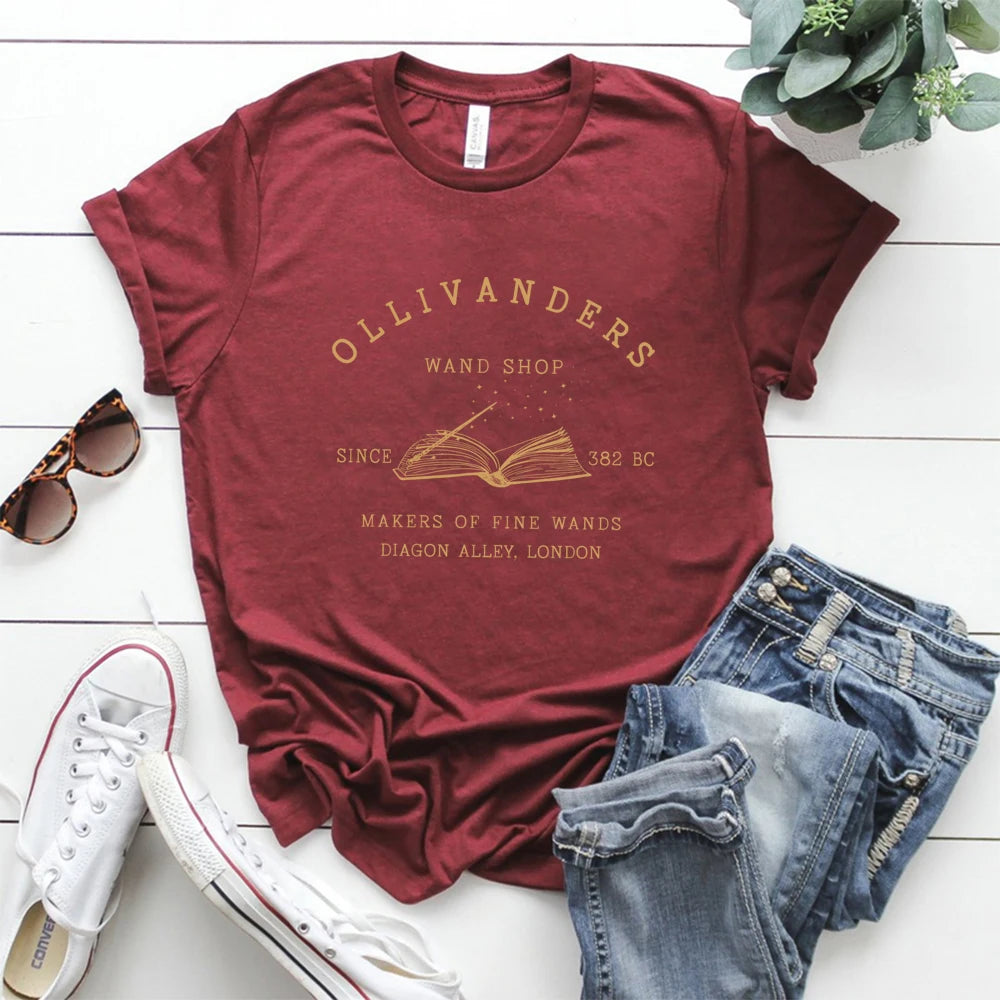 Ollivanders Wand Shop T Shirt Wizard Book Shop Shirt HP Shirts Book Nerd Aesthetic Clothes Magic Tee Unisex Short Sleeve Tops