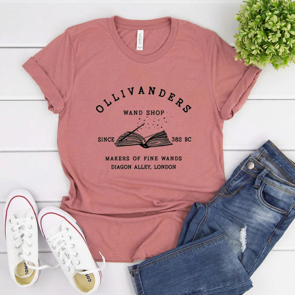 Ollivanders Wand Shop T Shirt Wizard Book Shop Shirt HP Shirts Book Nerd Aesthetic Clothes Magic Tee Unisex Short Sleeve Tops