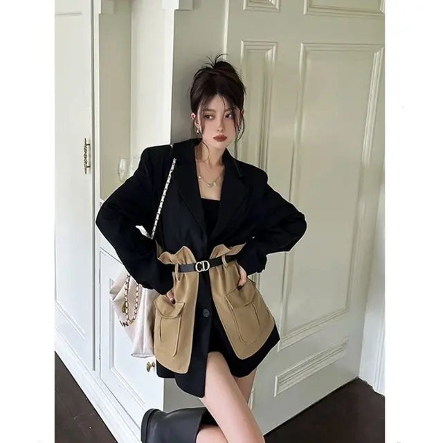 Original Design Blazer Women Fashion New Loose Spliced Pocket Korean Shrug Notched Single Breasted Blazer Mujer Femal with Belt