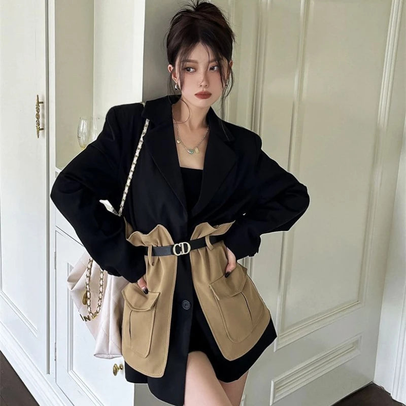 Original Design Blazer Women Fashion New Loose Spliced Pocket Korean Shrug Notched Single Breasted Blazer Mujer Femal with Belt