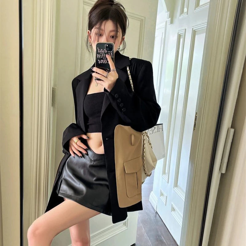 Original Design Blazer Women Fashion New Loose Spliced Pocket Korean Shrug Notched Single Breasted Blazer Mujer Femal with Belt