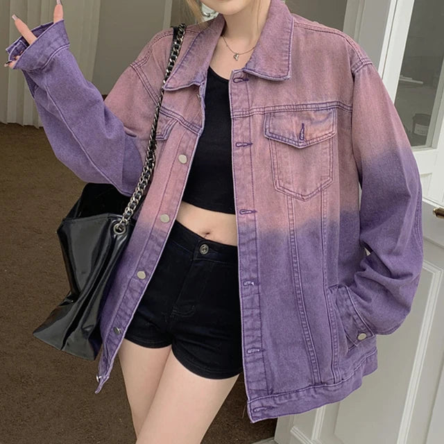 Purple Ombre Denim Jacket for Women Oversized Jean Jacket Y2K Grunge Autumn Winter