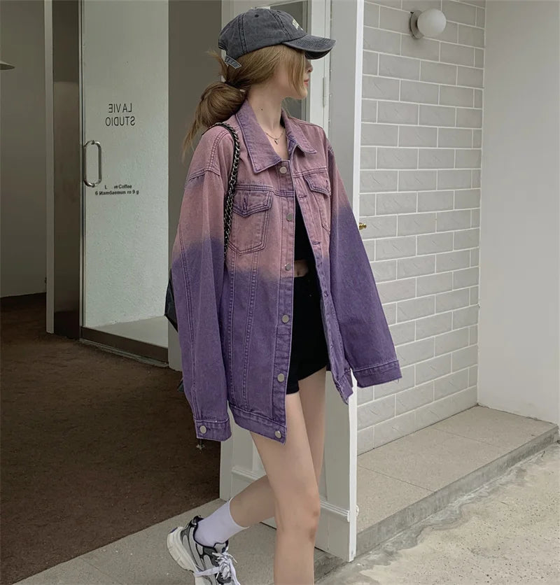 Purple Ombre Denim Jacket for Women Oversized Jean Jacket Y2K Grunge Autumn Winter