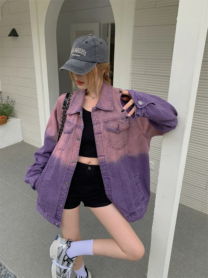 Purple Ombre Denim Jacket for Women Oversized Jean Jacket Y2K Grunge Autumn Winter