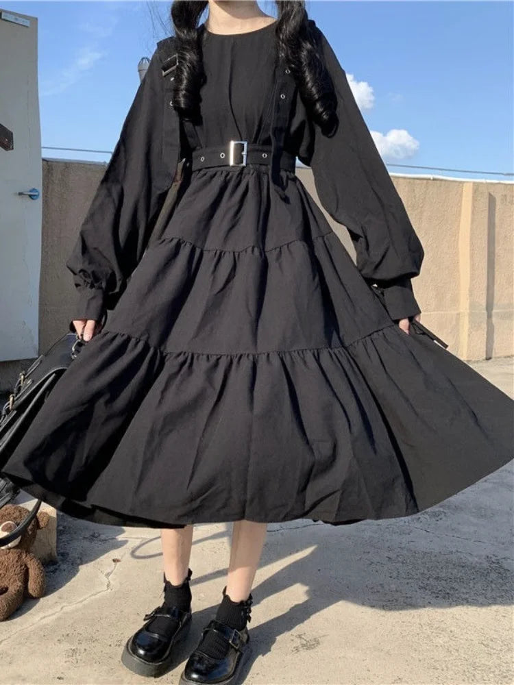 QWEEK Gothic Style Dress Women Harajuku Gothic Lolita Goth Kawaii Dress Punk Cute Long Sleeve Black Midi Dress 2021 Emo Oversize