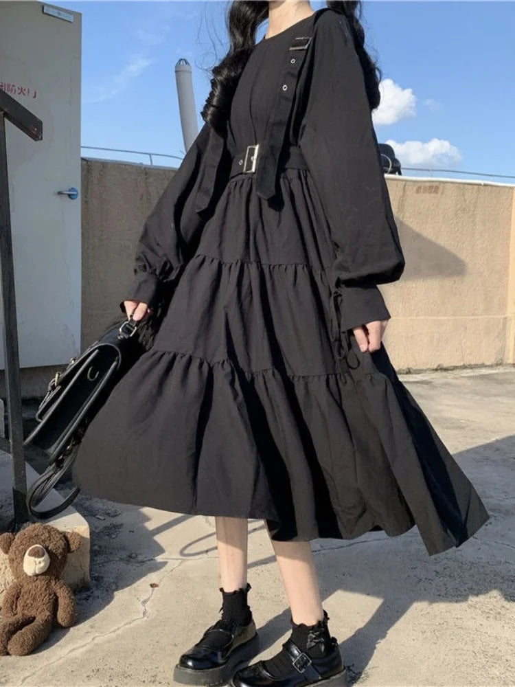 QWEEK Gothic Style Dress Women Harajuku Gothic Lolita Goth Kawaii Dress Punk Cute Long Sleeve Black Midi Dress 2021 Emo Oversize