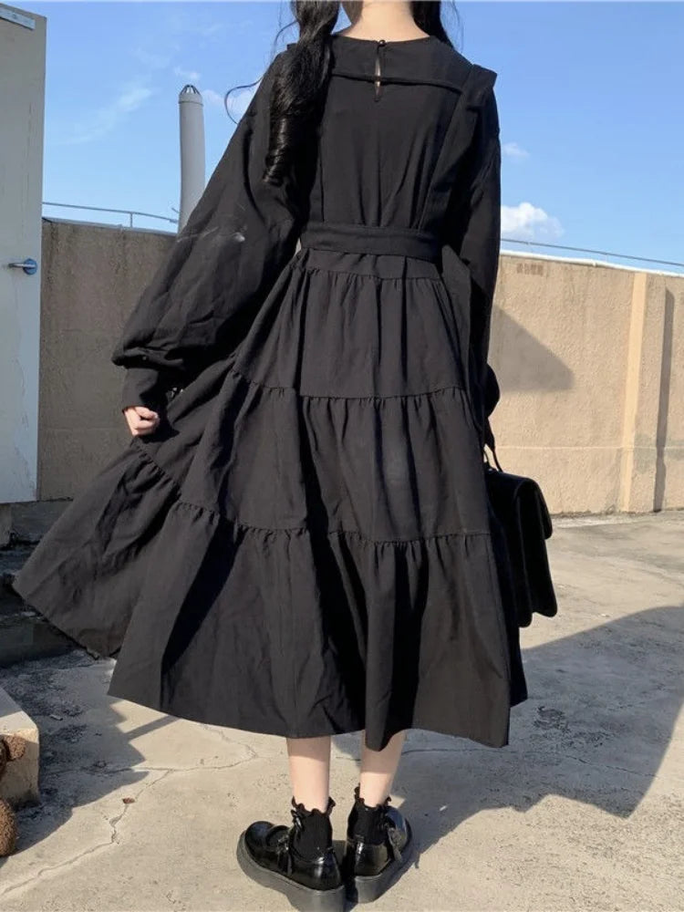 QWEEK Gothic Style Dress Women Harajuku Gothic Lolita Goth Kawaii Dress Punk Cute Long Sleeve Black Midi Dress 2021 Emo Oversize