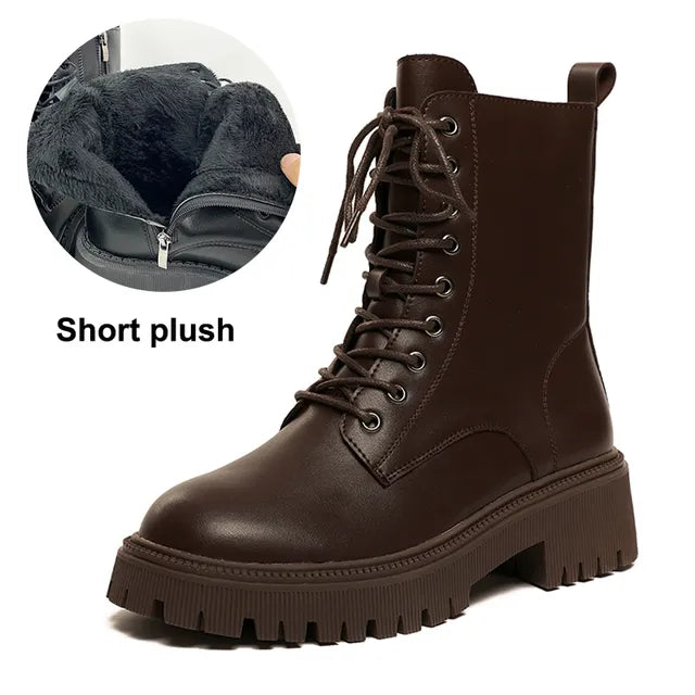 Rimocy Brown Pu Leather Ankle Boots for Women 2022 Autumn Winter Short Plush Motorcycle Boots Woman Vintage Lace Up Botas Shoes