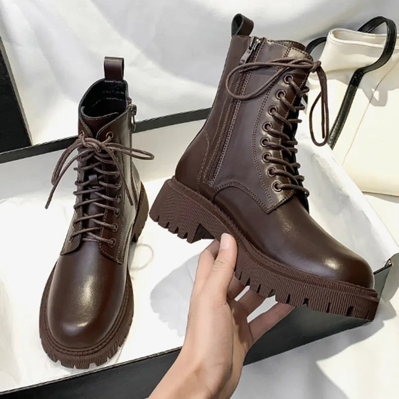 Rimocy Brown Pu Leather Ankle Boots for Women 2022 Autumn Winter Short Plush Motorcycle Boots Woman Vintage Lace Up Botas Shoes