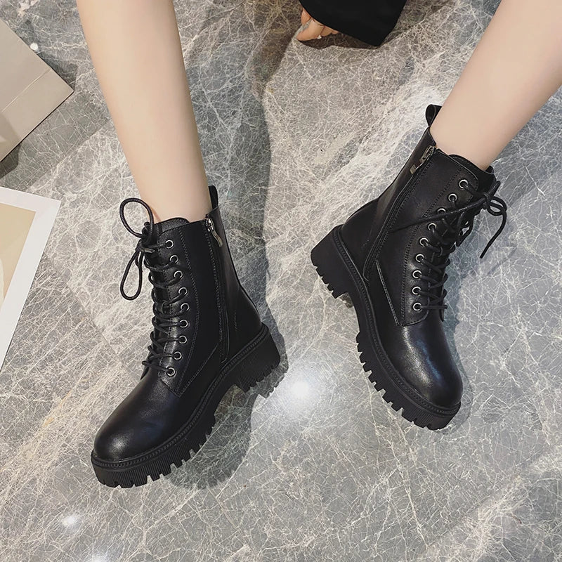 Rimocy Brown Pu Leather Ankle Boots for Women 2022 Autumn Winter Short Plush Motorcycle Boots Woman Vintage Lace Up Botas Shoes