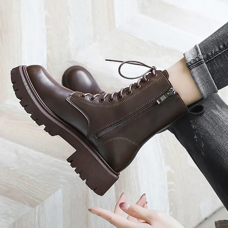 Rimocy Brown Pu Leather Ankle Boots for Women 2022 Autumn Winter Short Plush Motorcycle Boots Woman Vintage Lace Up Botas Shoes