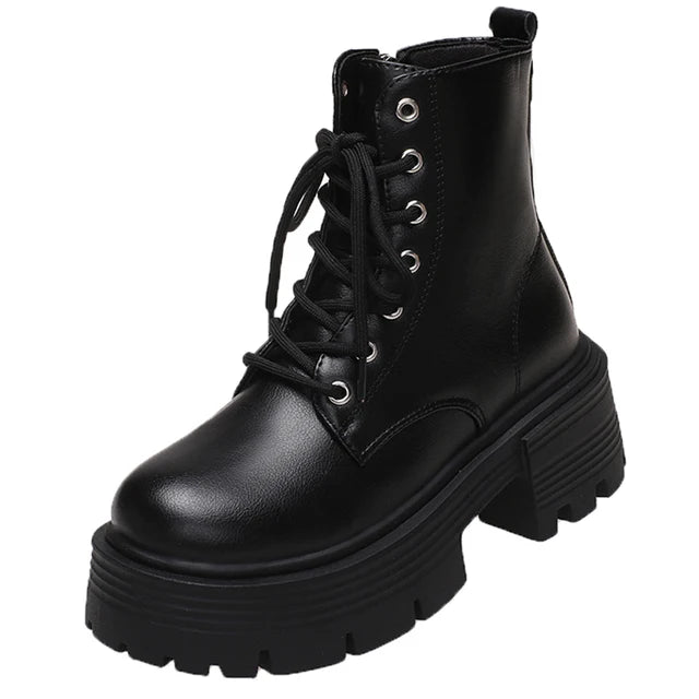 Rimocy Chunky Platform Combat Boots Women Autumn 2023 Pu Leather Ankle Boots Woman Non-Slip Thick Sole Motorcycle Botas Mujer