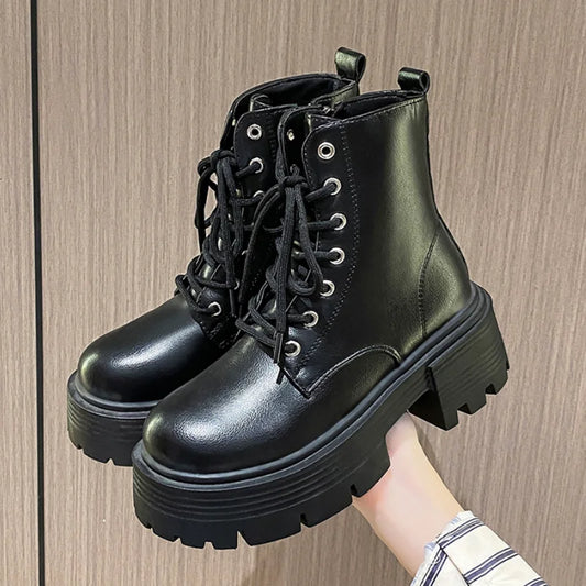 Rimocy Chunky Platform Combat Boots Women Autumn 2023 Pu Leather Ankle Boots Woman Non-Slip Thick Sole Motorcycle Botas Mujer