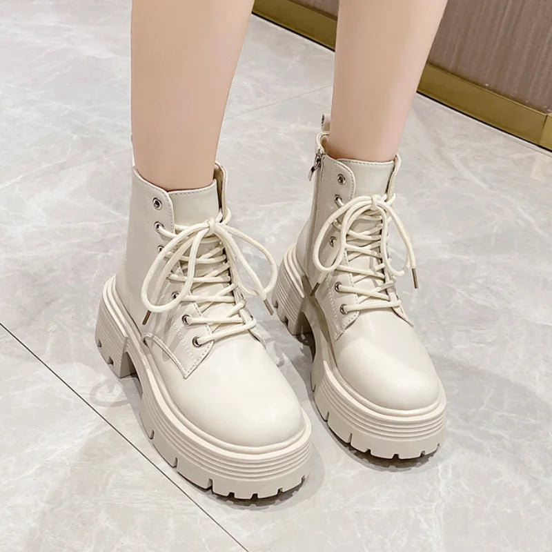 Rimocy Chunky Platform Combat Boots Women Autumn 2023 Pu Leather Ankle Boots Woman Non-Slip Thick Sole Motorcycle Botas Mujer