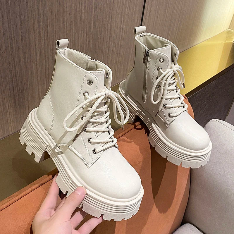 Rimocy Chunky Platform Combat Boots Women Autumn 2023 Pu Leather Ankle Boots Woman Non-Slip Thick Sole Motorcycle Botas Mujer