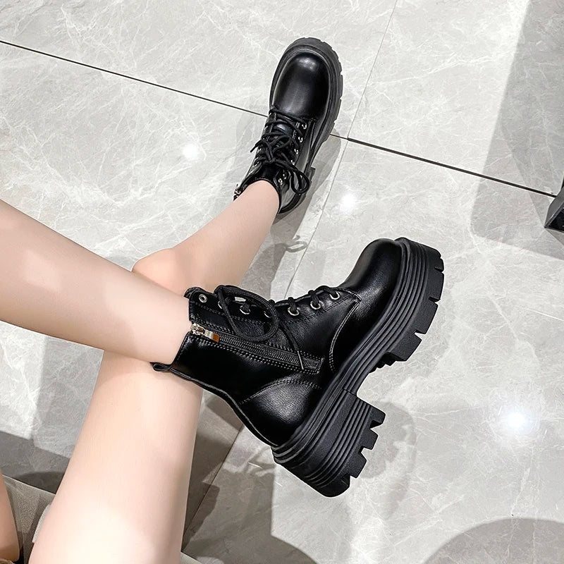 Rimocy Chunky Platform Combat Boots Women Autumn 2023 Pu Leather Ankle Boots Woman Non-Slip Thick Sole Motorcycle Botas Mujer