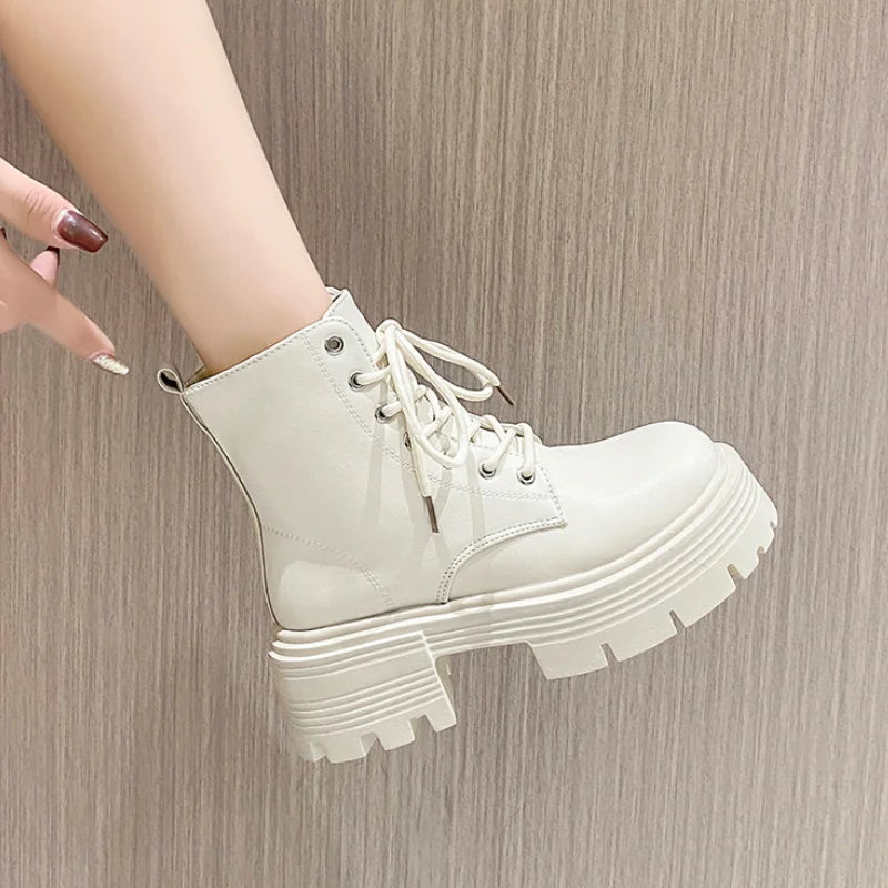 Rimocy Chunky Platform Combat Boots Women Autumn 2023 Pu Leather Ankle Boots Woman Non-Slip Thick Sole Motorcycle Botas Mujer