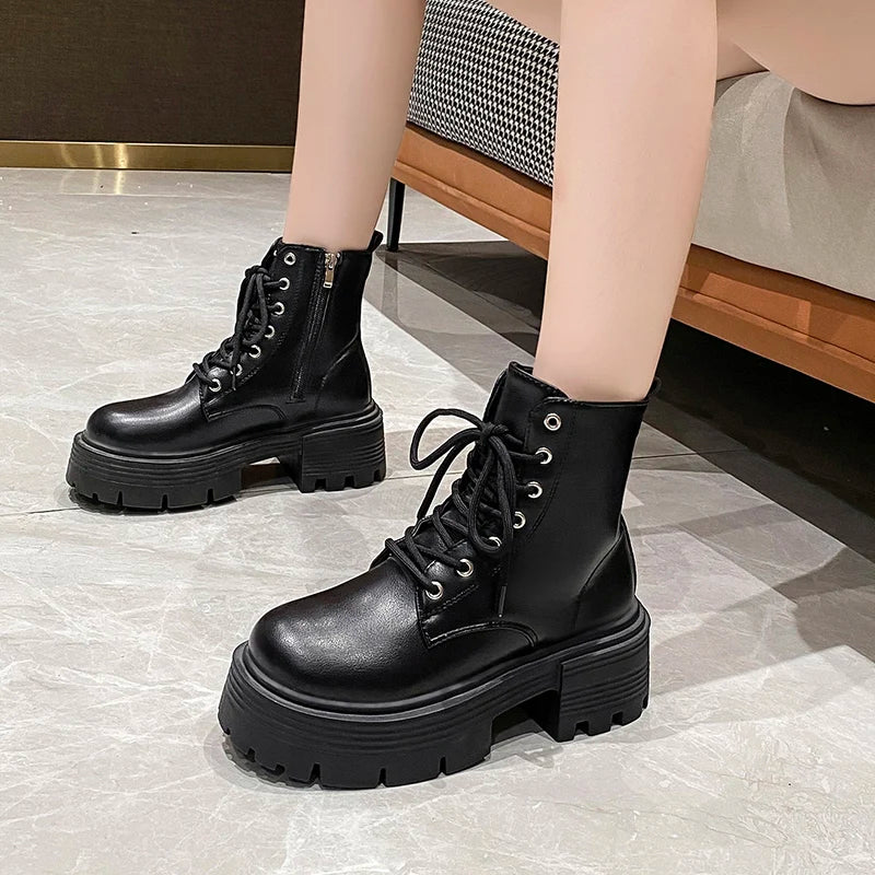 Rimocy Chunky Platform Combat Boots Women Autumn 2023 Pu Leather Ankle Boots Woman Non-Slip Thick Sole Motorcycle Botas Mujer