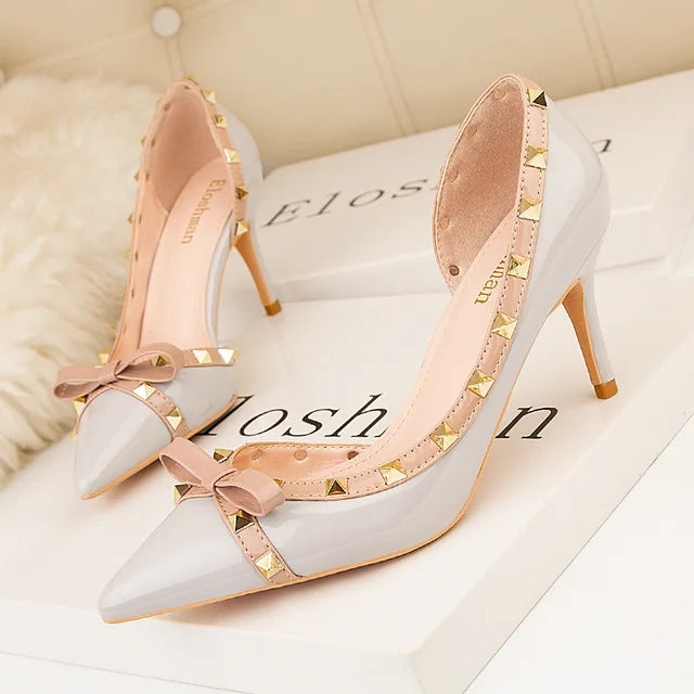 Sexy Nightclubs Show Thin Women's Shoes with High Heel and Shallow Mouth Pointed Side Hollow-rivet Single Thin Heel Shoes