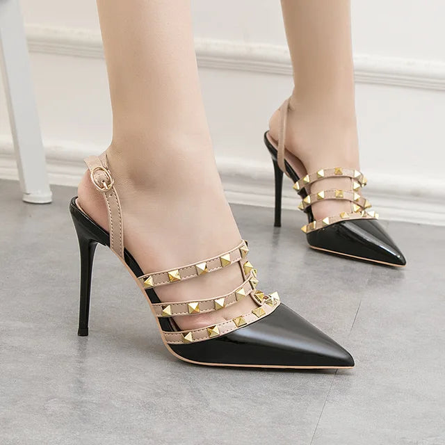 Sexy Pointed WomenPUMPS 10CM Roman High Heels Nightclub Was Thin Rivets Female Sandals Stiletto Back Empty Women's Shoes