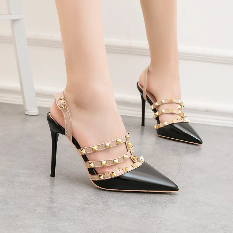 Sexy Pointed WomenPUMPS 10CM Roman High Heels Nightclub Was Thin Rivets Female Sandals Stiletto Back Empty Women's Shoes