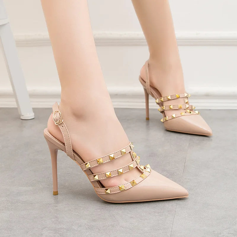 Sexy Pointed WomenPUMPS 10CM Roman High Heels Nightclub Was Thin Rivets Female Sandals Stiletto Back Empty Women's Shoes