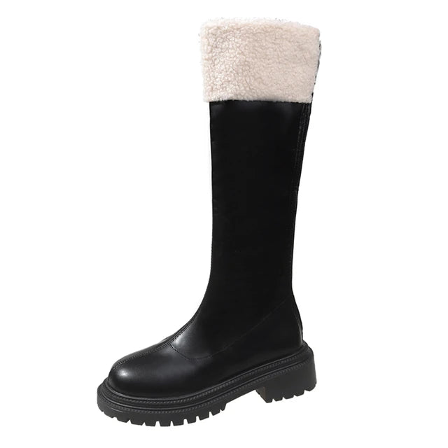 Shoes for Women 2023 New Korean Fashion Round Toe Women's Knee-High Boots Winter Fur Warm Platform High Boots Zapatos De Mujer