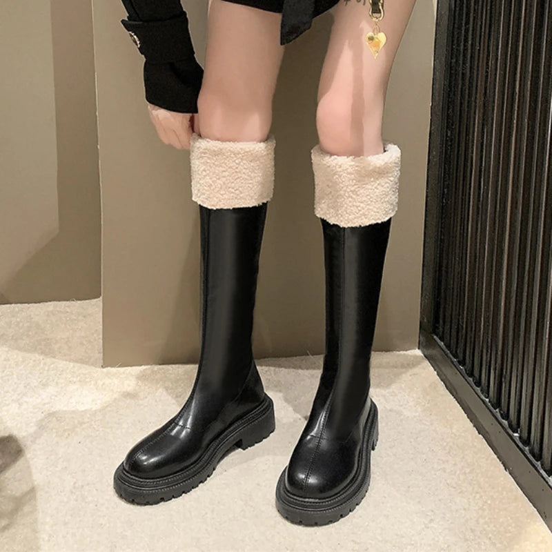 Shoes for Women 2023 New Korean Fashion Round Toe Women's Knee-High Boots Winter Fur Warm Platform High Boots Zapatos De Mujer