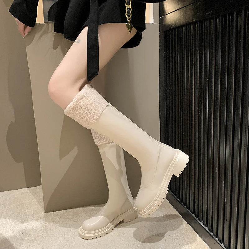 Shoes for Women 2023 New Korean Fashion Round Toe Women's Knee-High Boots Winter Fur Warm Platform High Boots Zapatos De Mujer